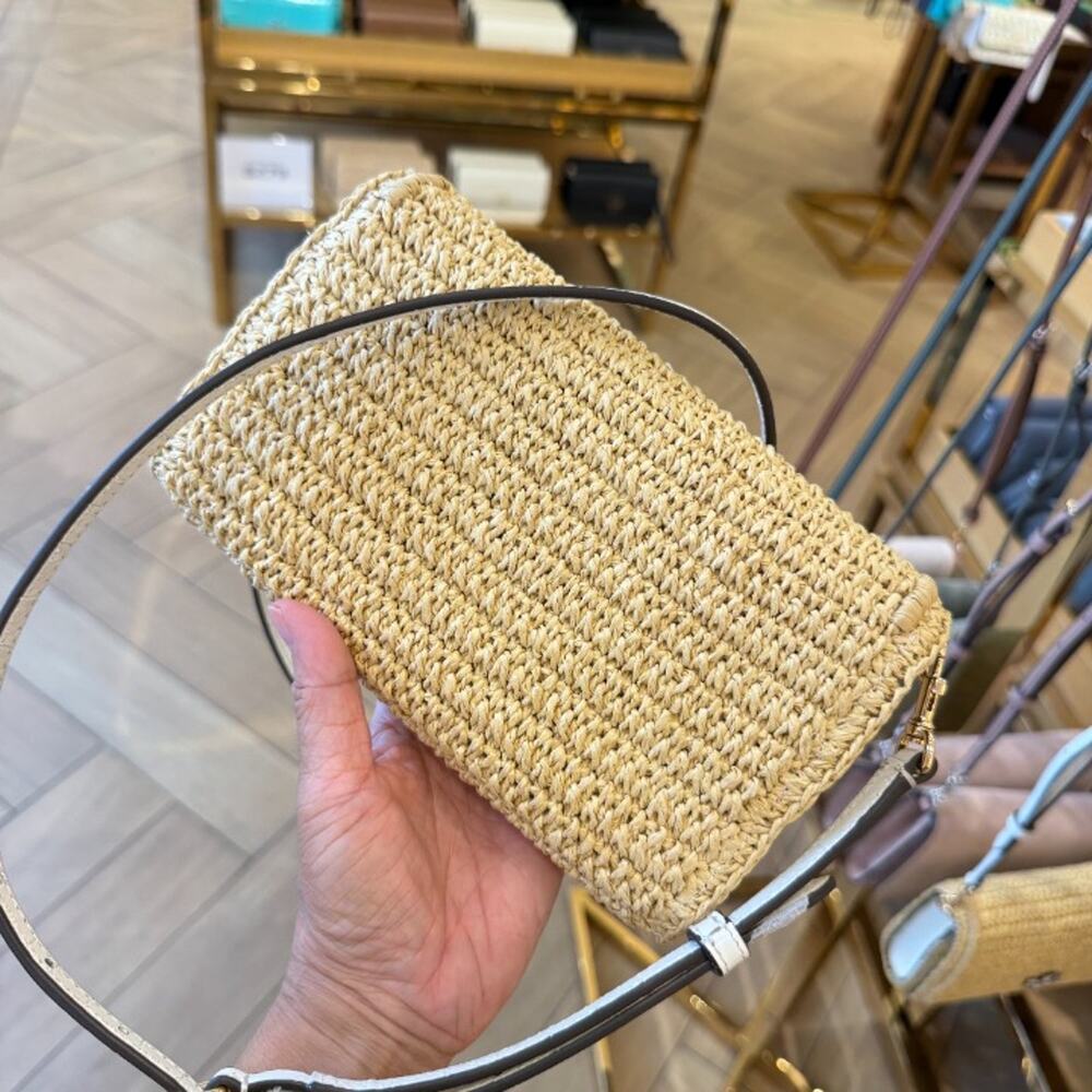 Tory Burch Thea Raffia Flat Wallet Crossbody 180152 Raffia / Ice Crystal $525 - Picture 3 of 9